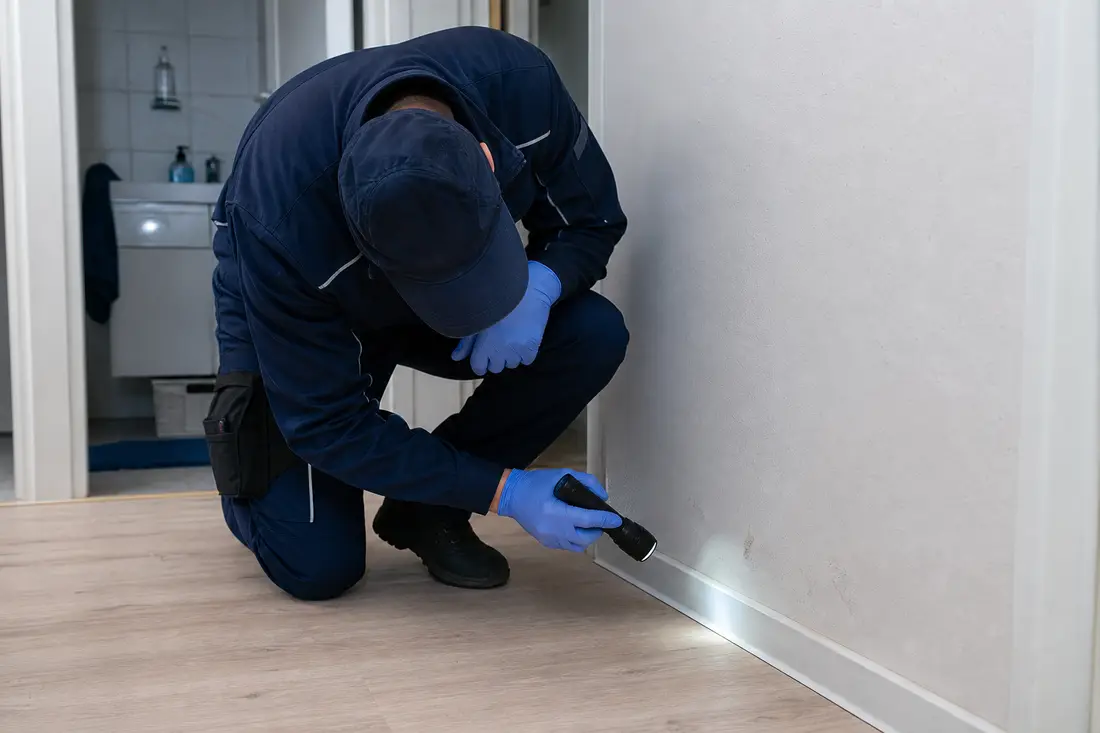 Schädlingsbekämpfer inspiziert eine Wohnung in der Deutschschweiz auf Befallsspuren