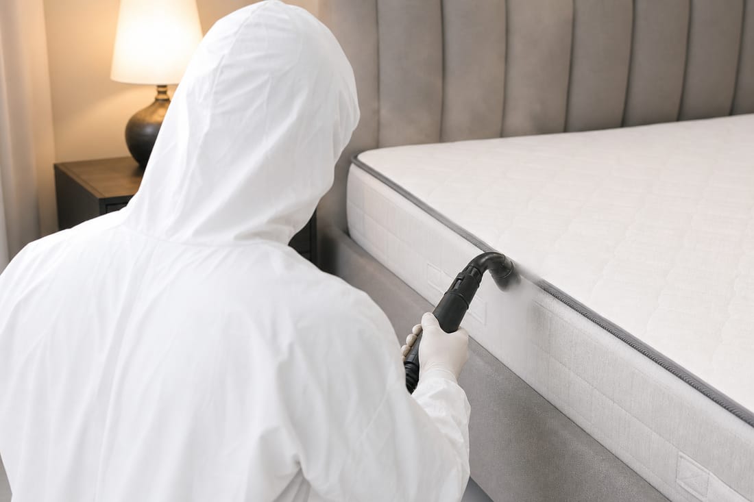 Beispiel: Techniker behandelt eine Matratze mit Dampf, von hinten gesehen