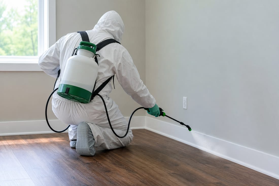 Beispiel: Techniker im Schutzanzug sprüht eine Behandlung, von hinten