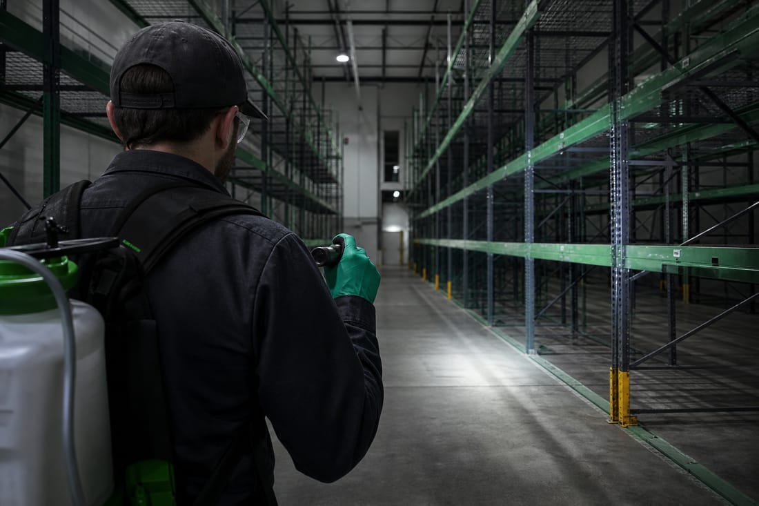 Beispiel: Techniker inspiziert eine Gewerberäumlichkeit, von hinten